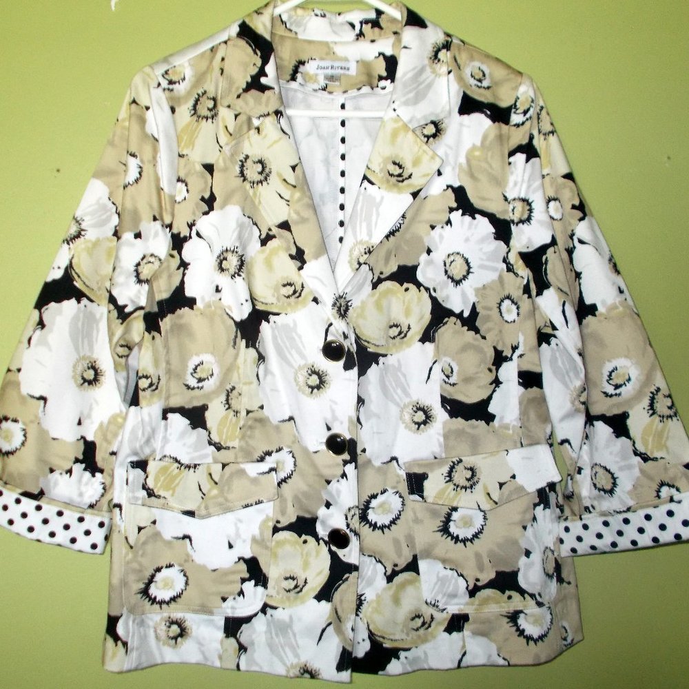 Joan Rivers Women Jacket Beige 3/4 Sleeve Floral Print Contrast Cuff Size 16